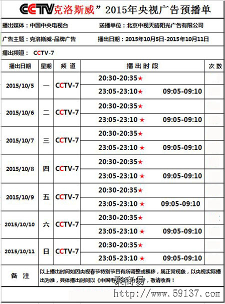 克洛斯威新一期央视广告预播单时间今天出炉